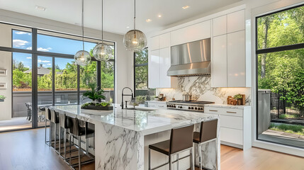 Fototapeta premium Modern White Kitchen with Marble Island and Large Windows