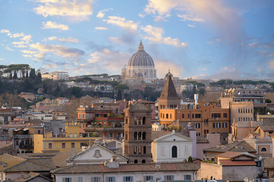 Rome, Italy - January 9th 2024: View of and the Vatican with the dome of St Peter's Basilica from the Aventine Hill