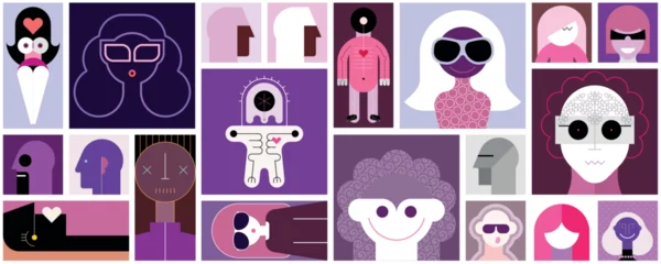 Collage of people portraits. Geometric style icons and character designs. Tileable wallpaper, can be used as seamless background.