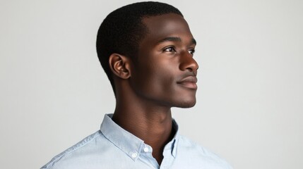 headshot of a man wearing a blue shirt looking off into the distance