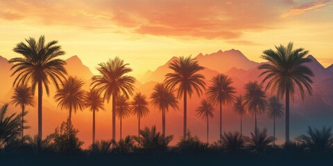 Obraz premium Row of palm trees silhouetted against a stunning sunset and majestic mountains, creating a picturesque scene that highlights the beauty of palm trees in nature.