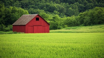 Fototapeta premium Isolated red barn surrounded by vibrant green field creates a striking visual. This red barn in the lush green field offers a picturesque scene that captures the essence of rural charm.