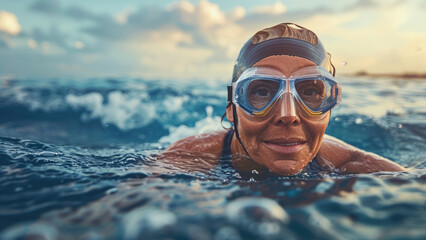 Fototapeta premium Happy elderly woman swimming in the ocean with a joyful smile