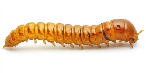 Woodworm larva displayed against a white background, showcasing the distinctive characteristics of larva of woodworm in detail for educational and informative purposes.