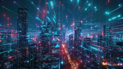 Naklejka premium Cyberpunk Cityscape: A Digital Tapestry of Light and Connection