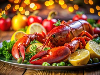 Savor the vibrant colors and juicy lobster meat in this stunning bokeh photograph.  A feast of lemon, lobster, and vegetables awaits.