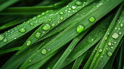 Close-up of vibrant green grass blades with glistening water droplets, capturing the refreshing essence of nature after a rainfall.