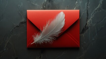 Minimalist flat lay photo of red envelope with a white feather on it. Chinese New Year theme with dark gray marble background.
