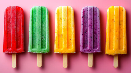 Five colorful fruit popsicles on pink background.