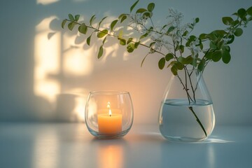 A lit candle in a glass cup with a vase and a green plant next to it. Abstract composition with pastel illuminated background.
