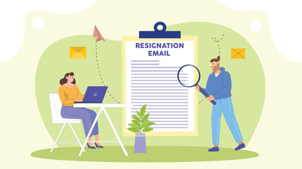 
An illustration depicting the concept of sending a resignation email, with a person typing on a computer or mobile device, symbolizing the moment of professional transition.