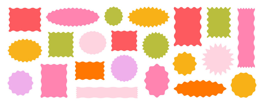Wavy circular, oval and rectangular shape elements set vector illustration. Scallop squiggly borders frame collection.
