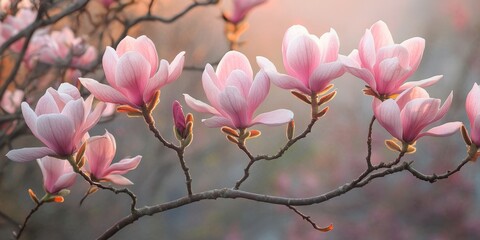 Blooming magnolia trees showcase large pink flowers, celebrating the arrival of spring. These...