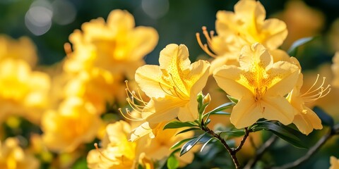 Obraz premium Close up of vibrant yellow azalea blooms showcasing rhododendron luteum in sunlight, highlighting the beauty of azalea flowers as they thrive in warm, sunny conditions.