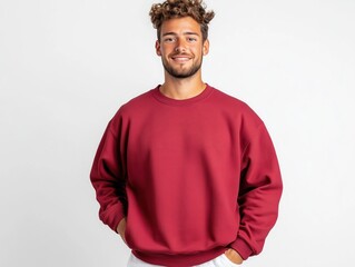 Obraz premium Maroon university sweatshirt mockup displayed against a clean white background with a male model smiling