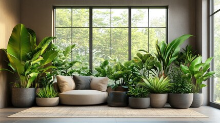 Fototapeta premium Serene Indoor Garden Oasis: Lush Greenery and Modern Comfort