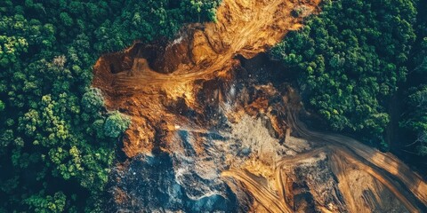 Naklejka premium Aerial view showcasing land erosion caused by deforestation and earth mining. This striking aerial scene highlights the impact of deforestation and earth mining on the landscape.