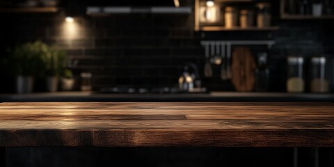 A wooden tabletop is featured against a blurred black kitchen backdrop. This image showcases high quality photography, highlighting the contrast of the wood and dark setting.