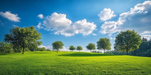 Trees scattered throughout a vibrant green field create a stunning scene against a backdrop of blue sky and fluffy clouds, highlighting the beauty of trees in nature.