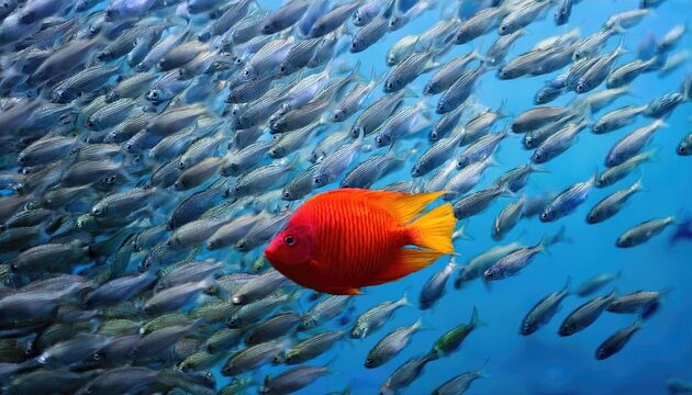 A single, brightly colored fish swimming against a school of uniform-colored fish, symbolizing individuality and nonconformity