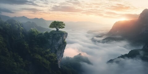 View of a mountain above the fog, showcasing the beauty of a tranquil landscape. This image captures a stunning mountain scene enveloped in fog, highlighting nature s serene atmosphere.