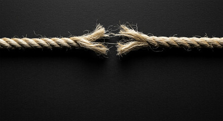 Frayed Rope About to Break Against Textured Black Paper Background with Copy Space 