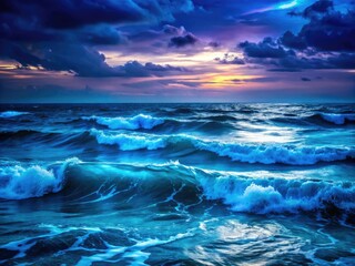 Fototapeta premium Soothing blue hues paint a serene nightscape; calm sea, dark sky, peaceful ocean.