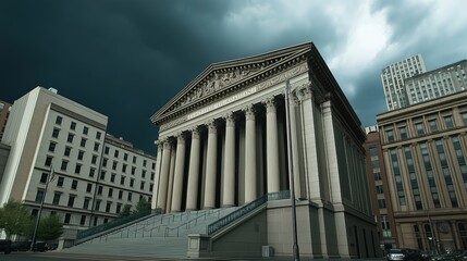 Obraz premium Dramatic courthouse exterior featuring towering stone columns and grand architecture, symbolizing justice, authority, and the importance of legal proceedings in society.
