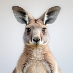 close-up portrait of a kangaroo looking at the viewer against a plain background