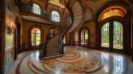 Obraz premium A Majestic Mansion's Grand Entrance: Exquisite Spiral Staircase and Intricate Design