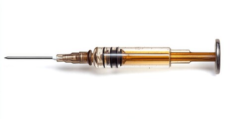 Fototapeta premium Old glass insulin syringe, featuring an isolated design against a white background, ideal for showcasing the characteristics of vintage medical equipment like the insulin syringe.