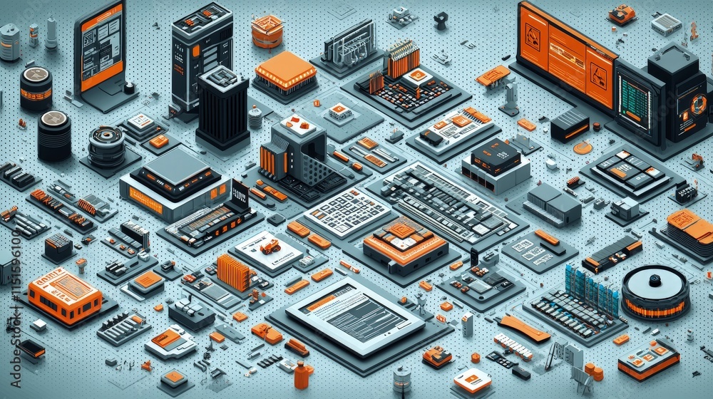 Poster an isometric illustration of a complex network of interconnected digital components and devices rese