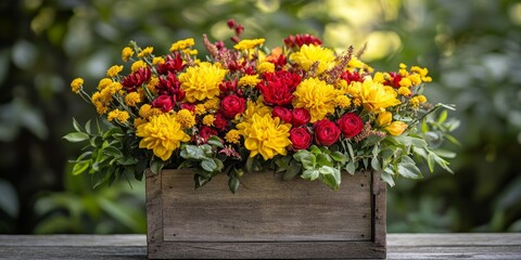 Vibrant yellow and red fresh flowers arranged beautifully in a rustic wooden box, showcasing the colorful beauty of fresh flowers in an artistic display.