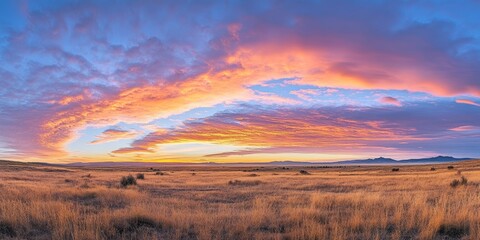 Obraz premium Scenic golden orange clouds illuminate the azure sky just before sunrise. This panoramic shot captures the beautiful pastel colors of the dawn sky, showcasing a stunning morning skyscape and the start