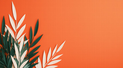 A vibrant orange background with green and white foliage creates a striking, modern aesthetic, perfect for design or decor purposes.