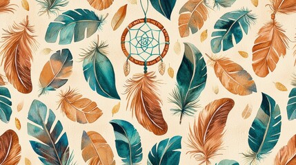 Watercolor dreamcatcher and feathers pattern