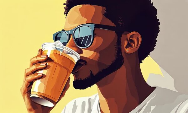 Stylish Black Man with Afro Enjoying Iced Coffee