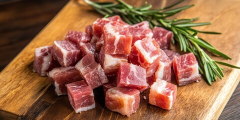 Fresh bacon cubes accompanied by a sprig of rosemary create a deliciously inviting scene. These fresh bacon cubes are perfect for enhancing various dishes with rich flavor.