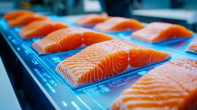 Fresh Salmon Fillets on High Tech Conveyor Belt Food Tech AI Seafood Processing Modern Kitchen