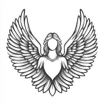 recommend clip art: Angel with large wings, line art illustration.