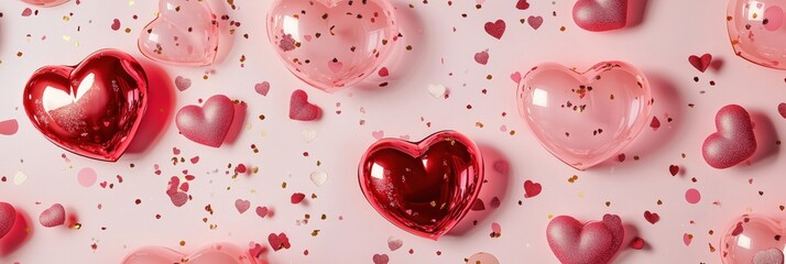 Fototapeta premium Valentine red and pink hearts with confetti on a pink background