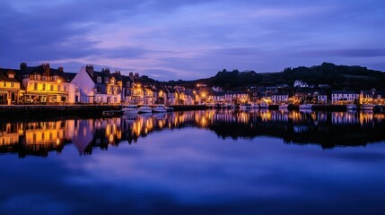 Fototapeta premium Twilight Harbor Reflection: Picturesque Coastal Town at Dusk