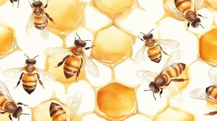 Honeycomb watercolor painting; busy bees gather honey