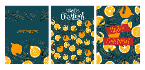 Fototapeta premium Winter holidays card set. Orange fruits and Christmas tree branches Vector and hand drawn lettering illustrations. Winter Holidays art templates. Fruits design card, invitation, congratulation.