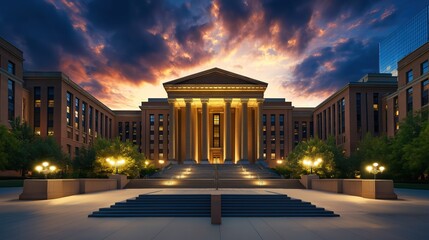 Fototapeta premium Dramatic courthouse exterior featuring towering stone columns and grand architecture, symbolizing justice, authority, and the importance of legal proceedings in society.