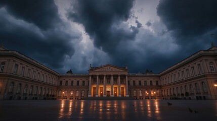 Fototapeta premium Dramatic courthouse exterior featuring towering stone columns and grand architecture, symbolizing justice, authority, and the importance of legal proceedings in society.