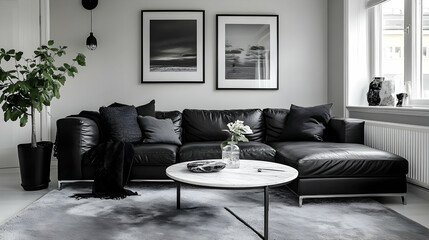 Modern Minimalist Living Room Design: Black Leather Sofa and Scandinavian Decor