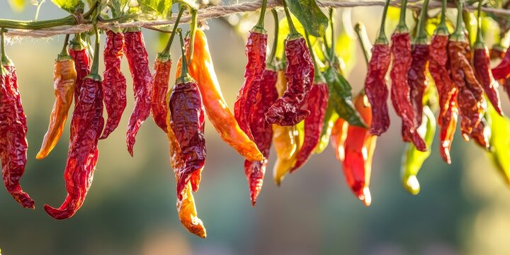 Dried peppers, known as peperoni cruschi, are shown hanging in the sun to dry. These traditional dried peppers showcase the unique qualities of peperoni cruschi and their vibrant appearance.