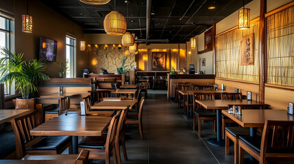 Modern Asian Restaurant Interior Design: Cozy Wooden Tables and Bamboo Decor