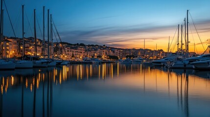 Obraz premium Serene Sunset at the Port: Yachts and City Lights Reflecting on Calm Waters